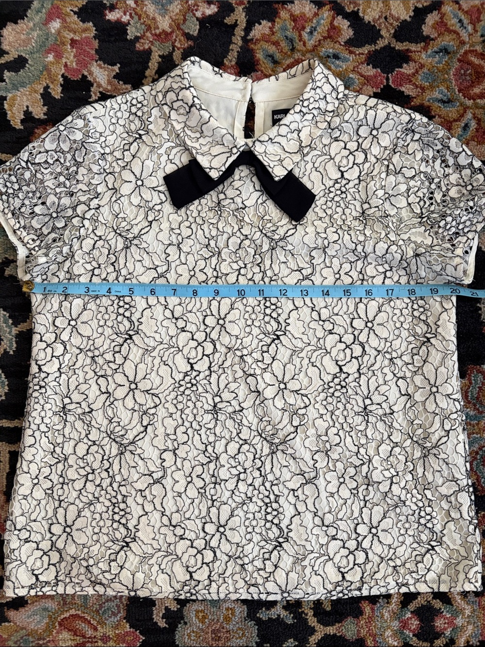 Karl Lagerfeld Cream and Black Lace Blouse with Black Bow Collar - Picture 6 of 10